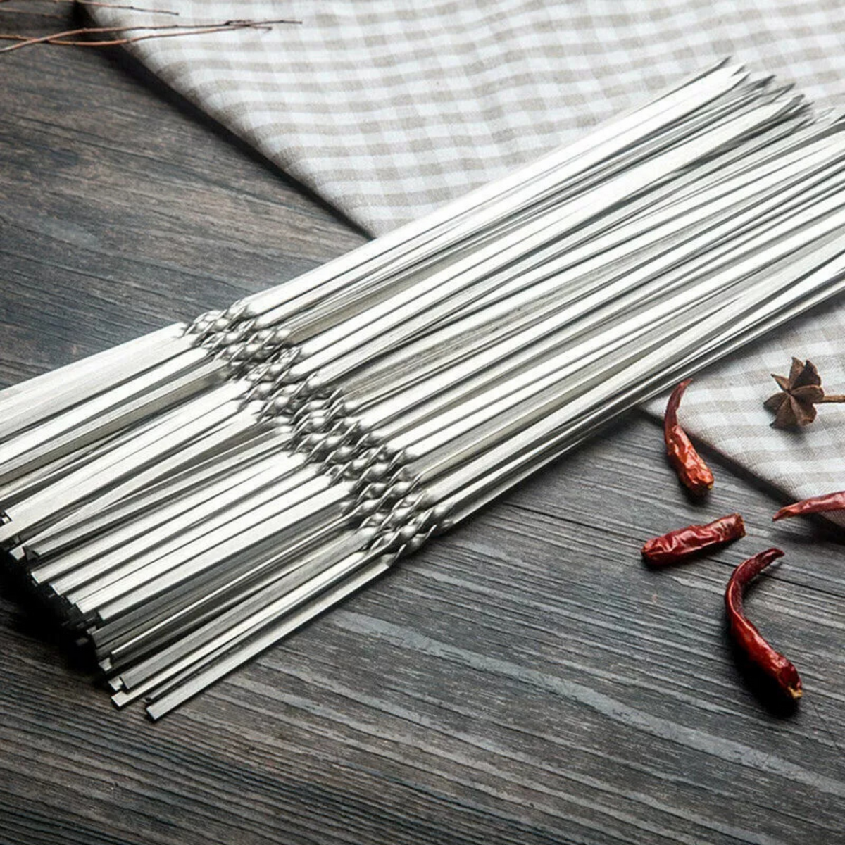 20x Tools Kebab Stick Skewers Flat Needle BBQ Stainless Steel Barbecue Metal