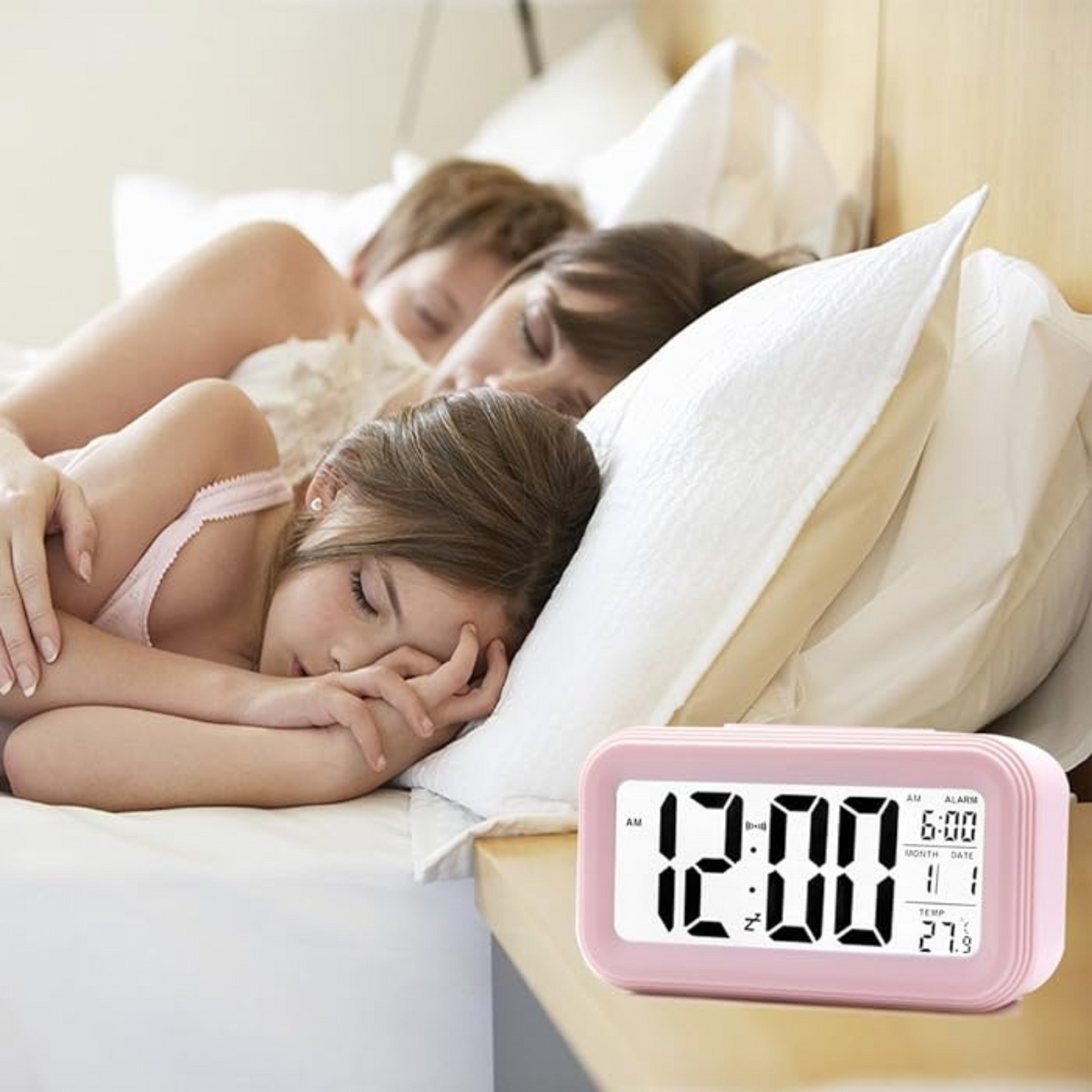 Alarm Clock Time Temperature Digital Bedside LED Snooze Day/Night Desktop Pink