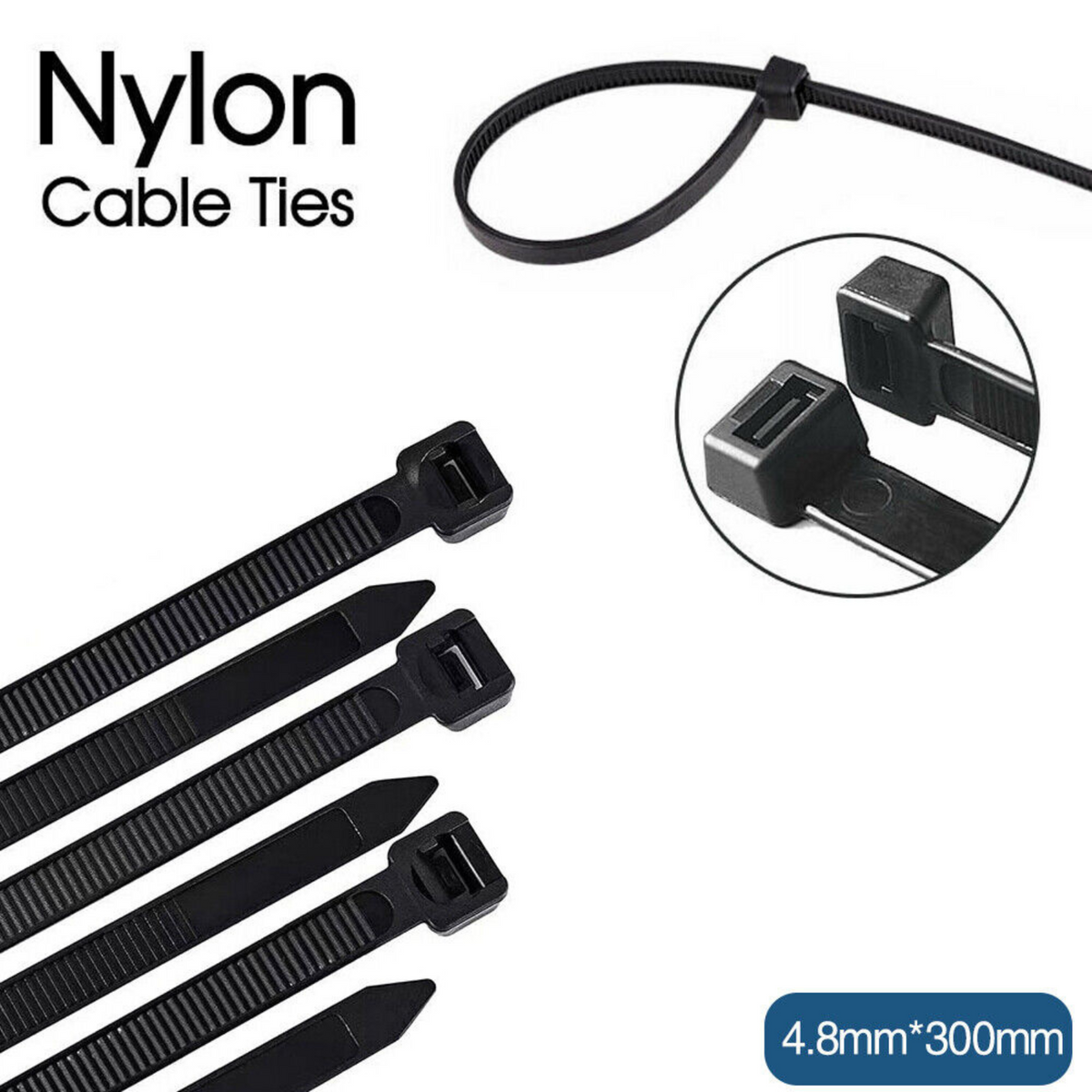 100pcs Black Zip Ties Nylon UV Stabilized Bulk Cable Ties 4.8mm x300mm
