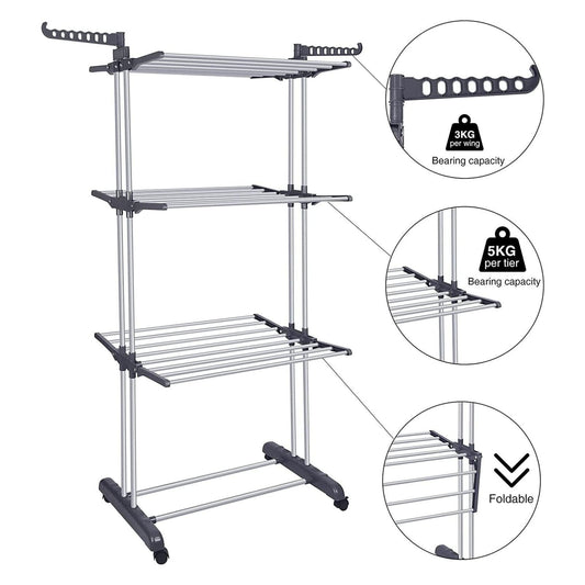 Airer Drying Rack Foldable Clothes Hanger Horse Stand Support Grey Laundry Rack