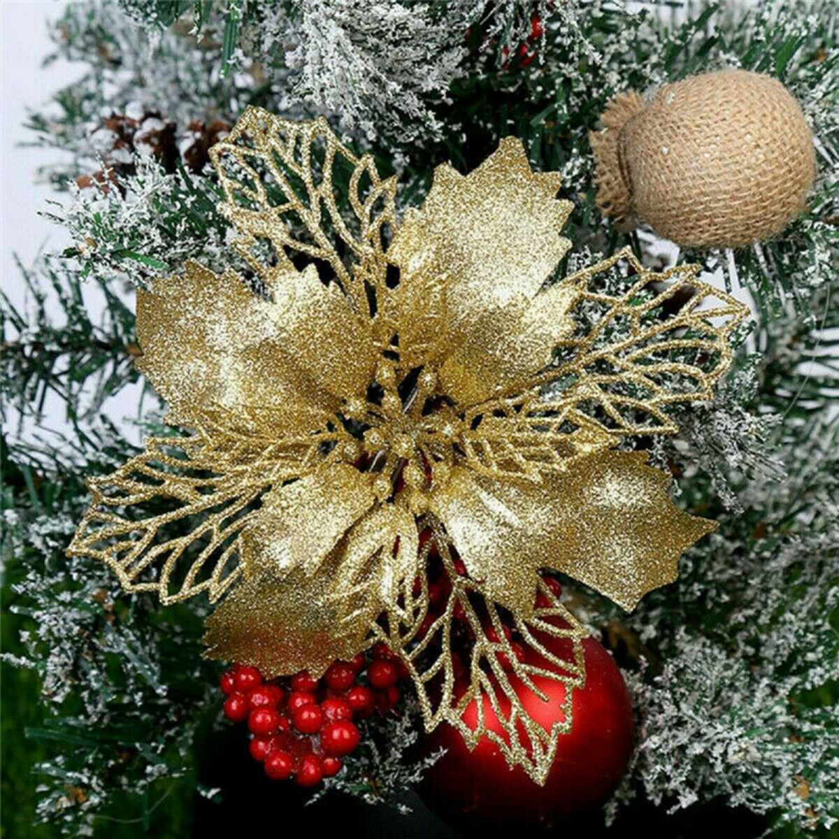 Flower Tree Hanging Decoration Christmas Poinsettia Glitter Xmas Party Gold