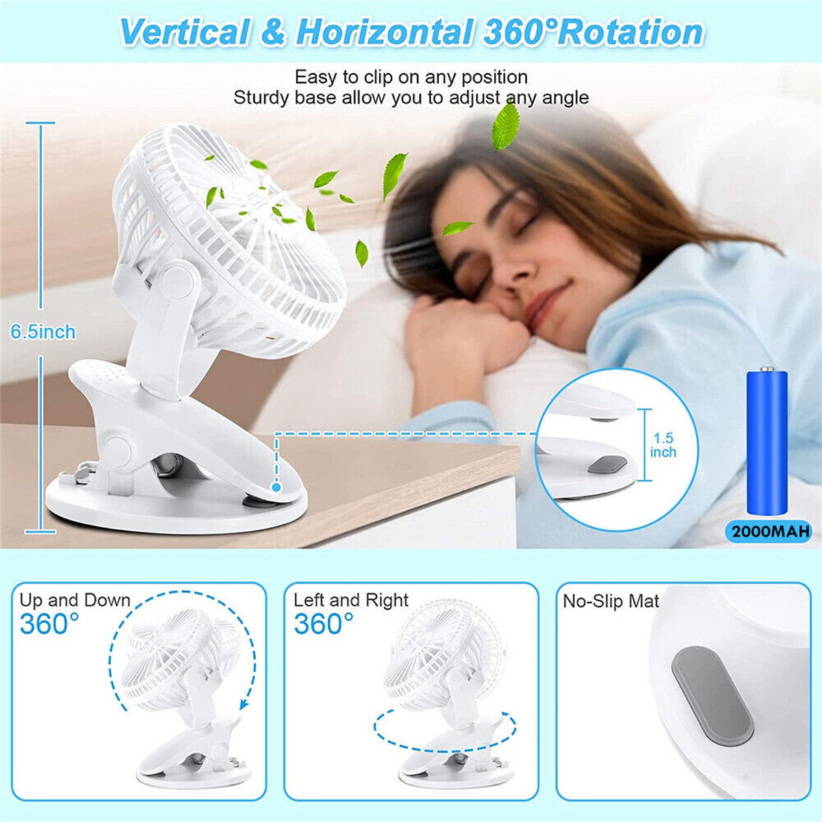 Rechargeable Clip On Desk Portable 360° Mini Fan Travel USB Pram Car Cooling Fan