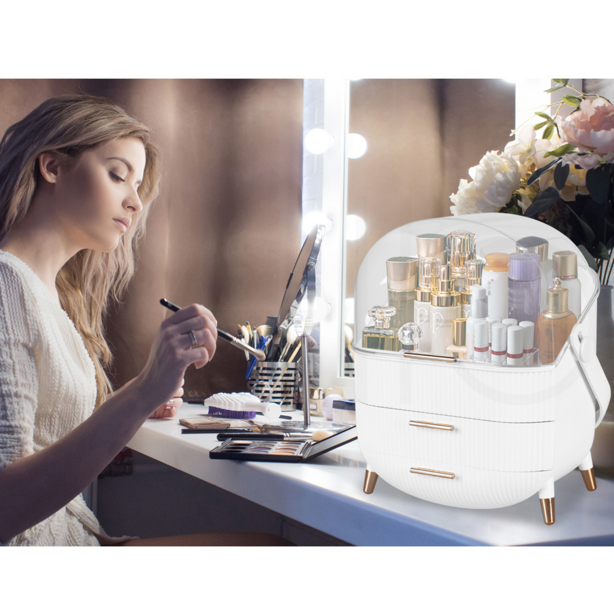 White Portable Jewelry Drawer Holder Makeup Case Organizer Cosmetic Storage