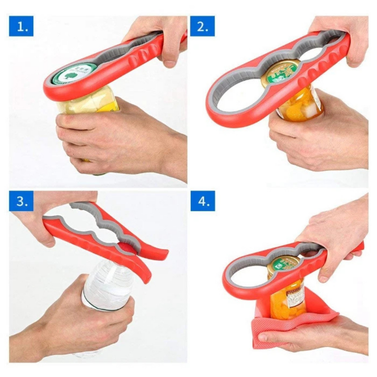 Cap Twister Opener Easy Grip 4-In-1 Multipurpose Opener Jar Can Lids Red