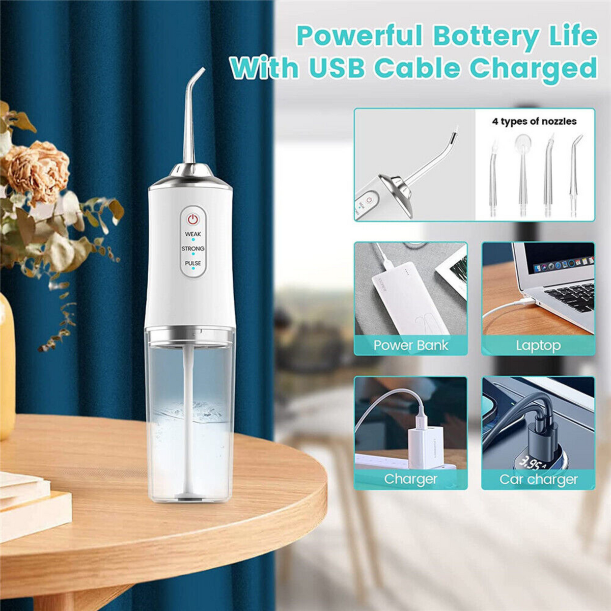 Dental Teeth Flosser Tooth Cleaner 4 Nozzles Cordless Oral Irrigator White