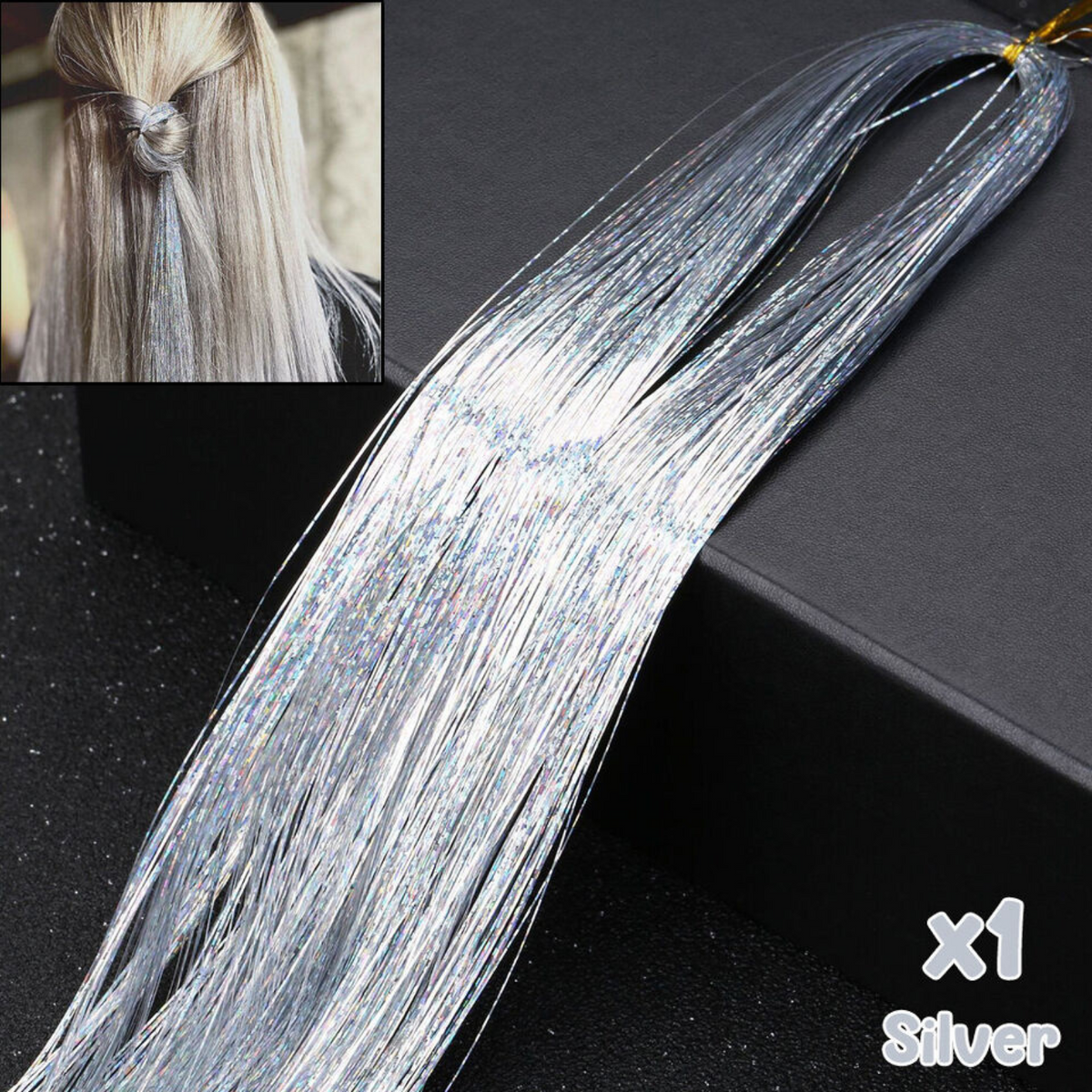 Silver Sparkle Highlights Hair Extensions Holographic Glitter Tinsel Party
