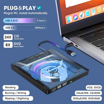 Portable CD/DVD +/-RW Burner DVD Player External CD DVD Drive for Laptop USB C