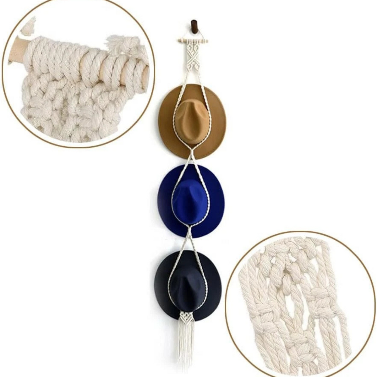 Boho Hand-Woven Macrame Hat Hanger Holds 3 Hats, Rustic Wall Decor