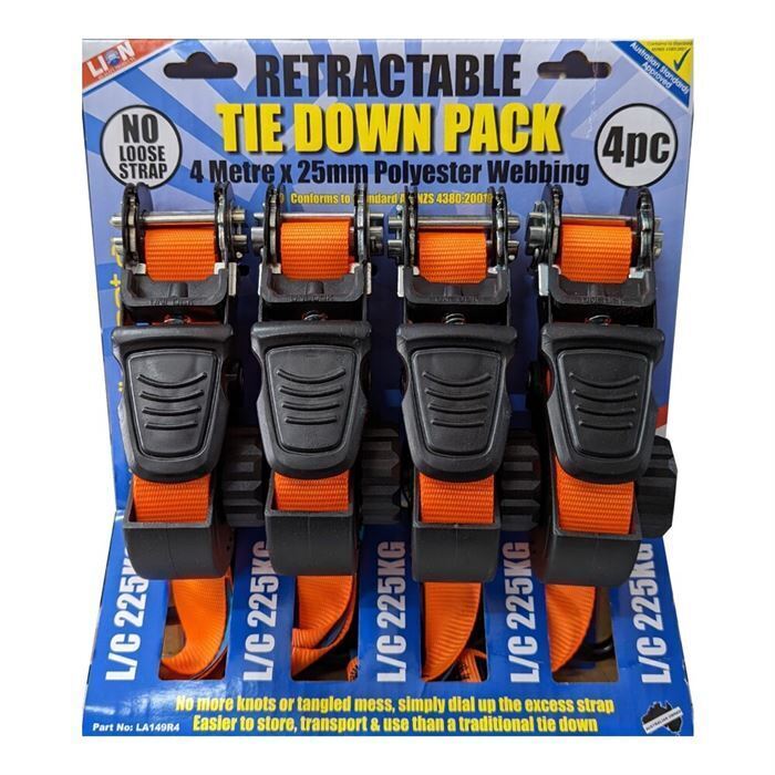 Retractable 4 Pack L/C 225KG 4m Tie Down Ratchet Strap