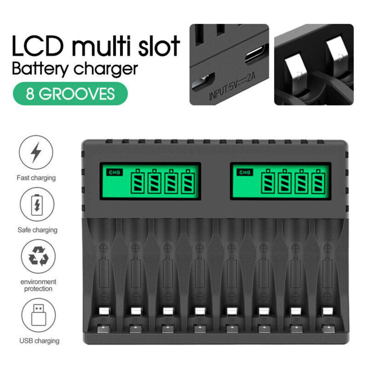 Smart Battery Charger for AA/AAA LCD Display 8 Slot Rechargeable Batteries