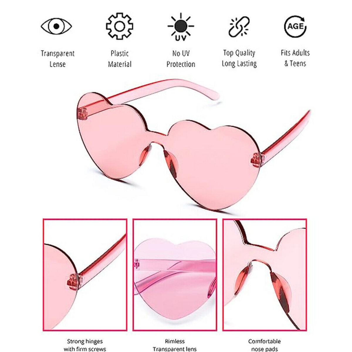 Pink Clear Lens Rimless Festival Glasses Love Heart Shape Sunglasses Dress Party