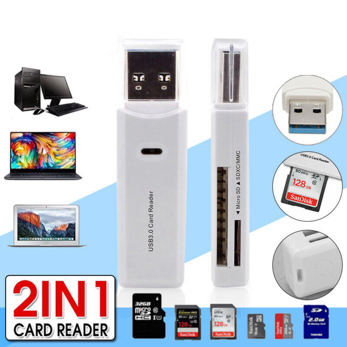 High Speed SD SDHC SDXC Micro 2 In 1 USB 3.0 Card Memory Reader Writer Adapter
