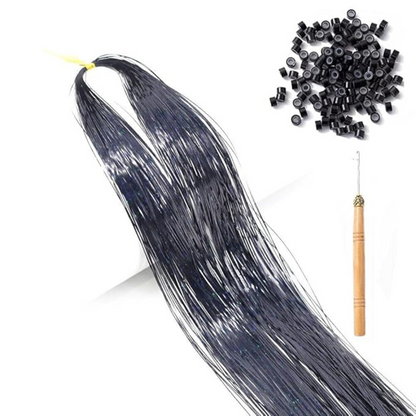 Black Sparkle Highlights Hair Extensions Holographic Glitter Tinsel Party