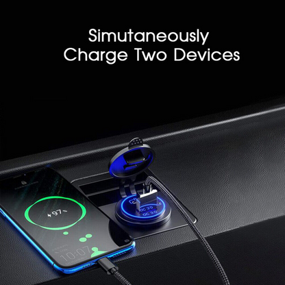 QC 3.0 Charger 12V 24V Power Outlet Socket PD Type C Dual USB Car Charger Blue
