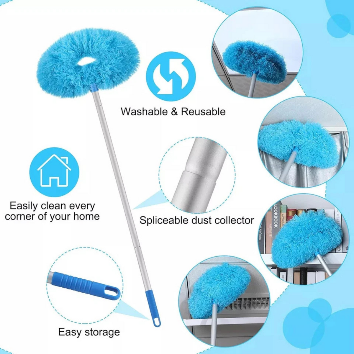 Blue Microfibre Telescopic Handle Ceiling Fan Blade Duster Cleaner Tool