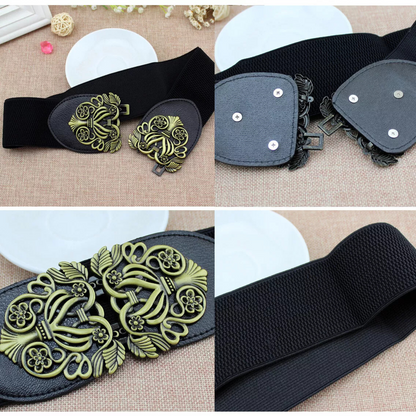 Retro Totem Wide Waistband Stretch Belt for Women Black