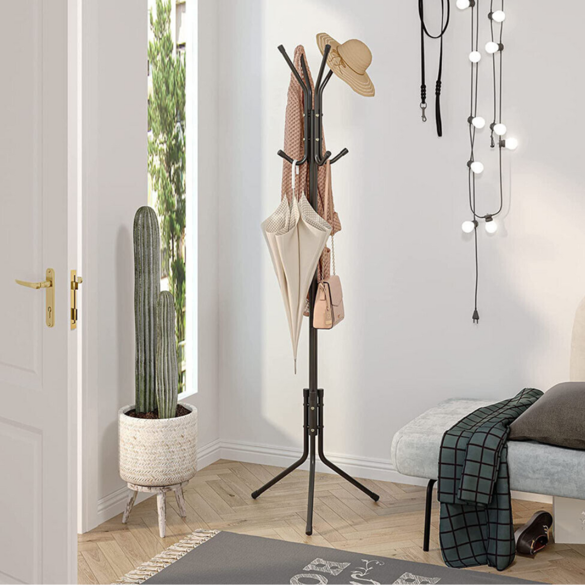 Black 3-Tier Hat Coat Hanger Tree Style Steel Stand 12 Hook Clothes Rack