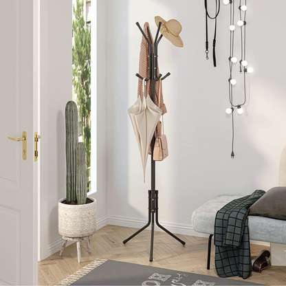Black 3-Tier Hat Coat Hanger Tree Style Steel Stand 12 Hook Clothes Rack