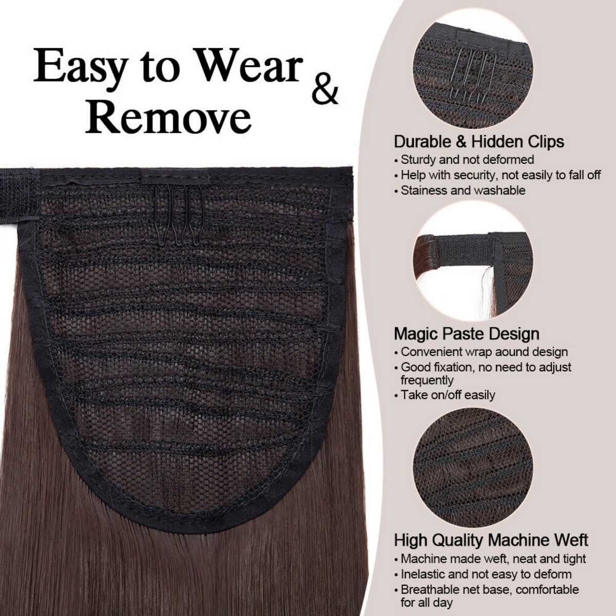Human Natural Hair Extensions Pony Tail Hair Wrap Medium Brown