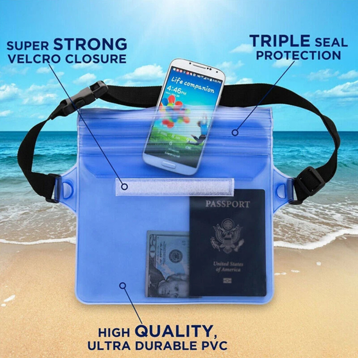 Swimming Boating Dry Phone Pouch Waterproof Waist Belt Bum Bag Beach Blue