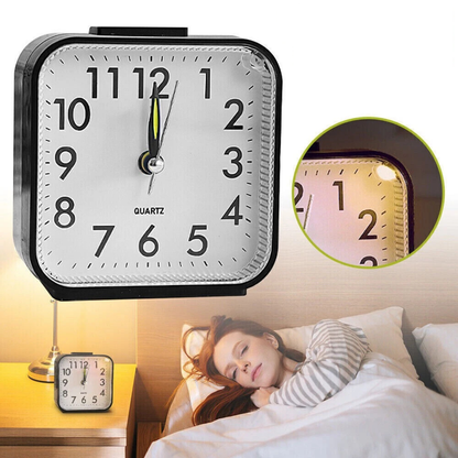 Quartz Alarm Clock Black With Night Light Silent Bedside Timepiece