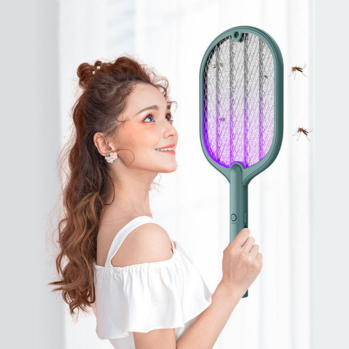 Racket Fly Swatter Mosquito 2 In 1 Electric USB Rechargeable Killer Zapper Green