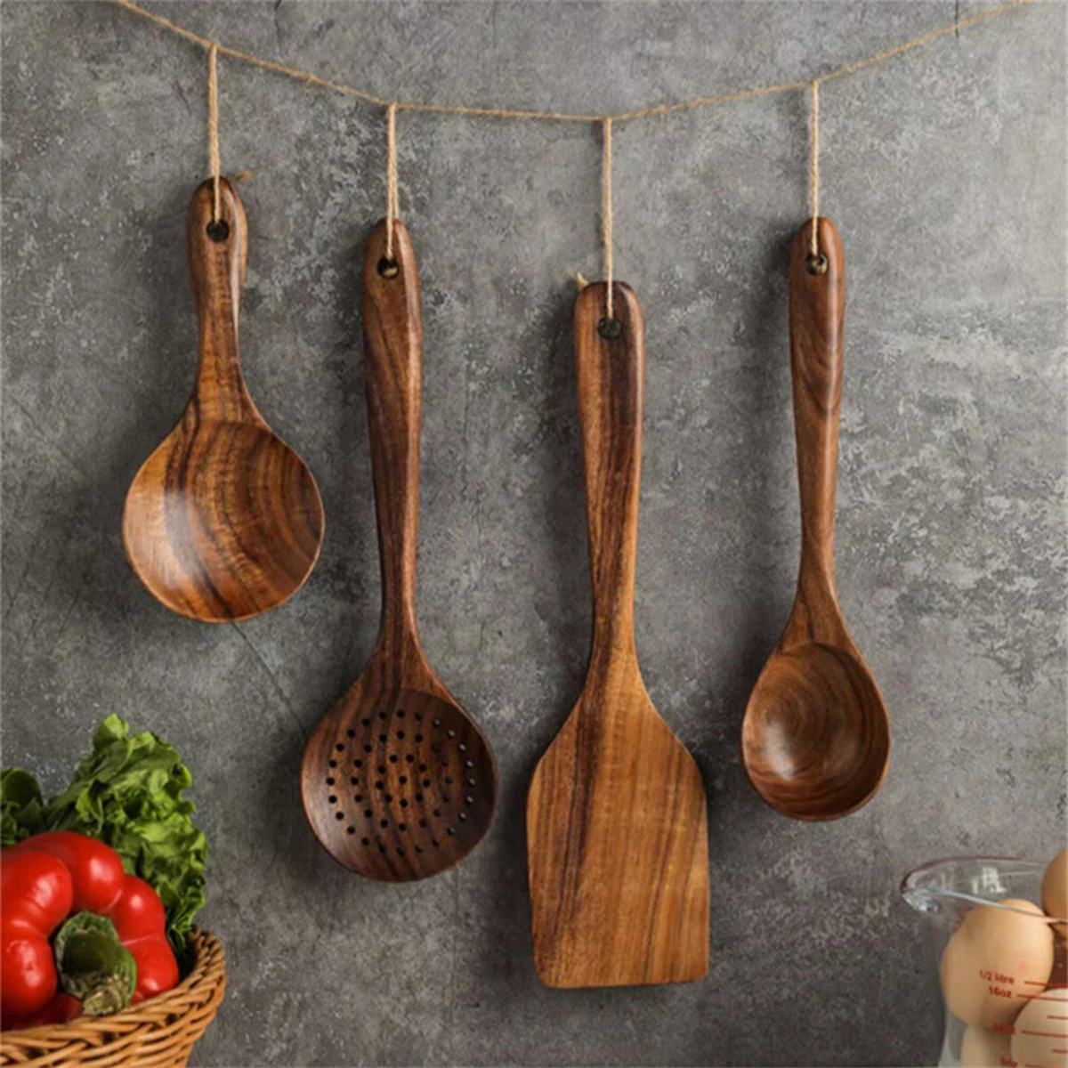 Wooden Kitchen Cooking Spoons Utensils Set Food Prep Tools Durable 7x