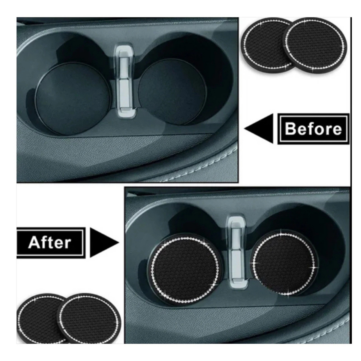 Bling Car Cup Holder 2x Black Rhinestone Coaster Anti-Slip Mats