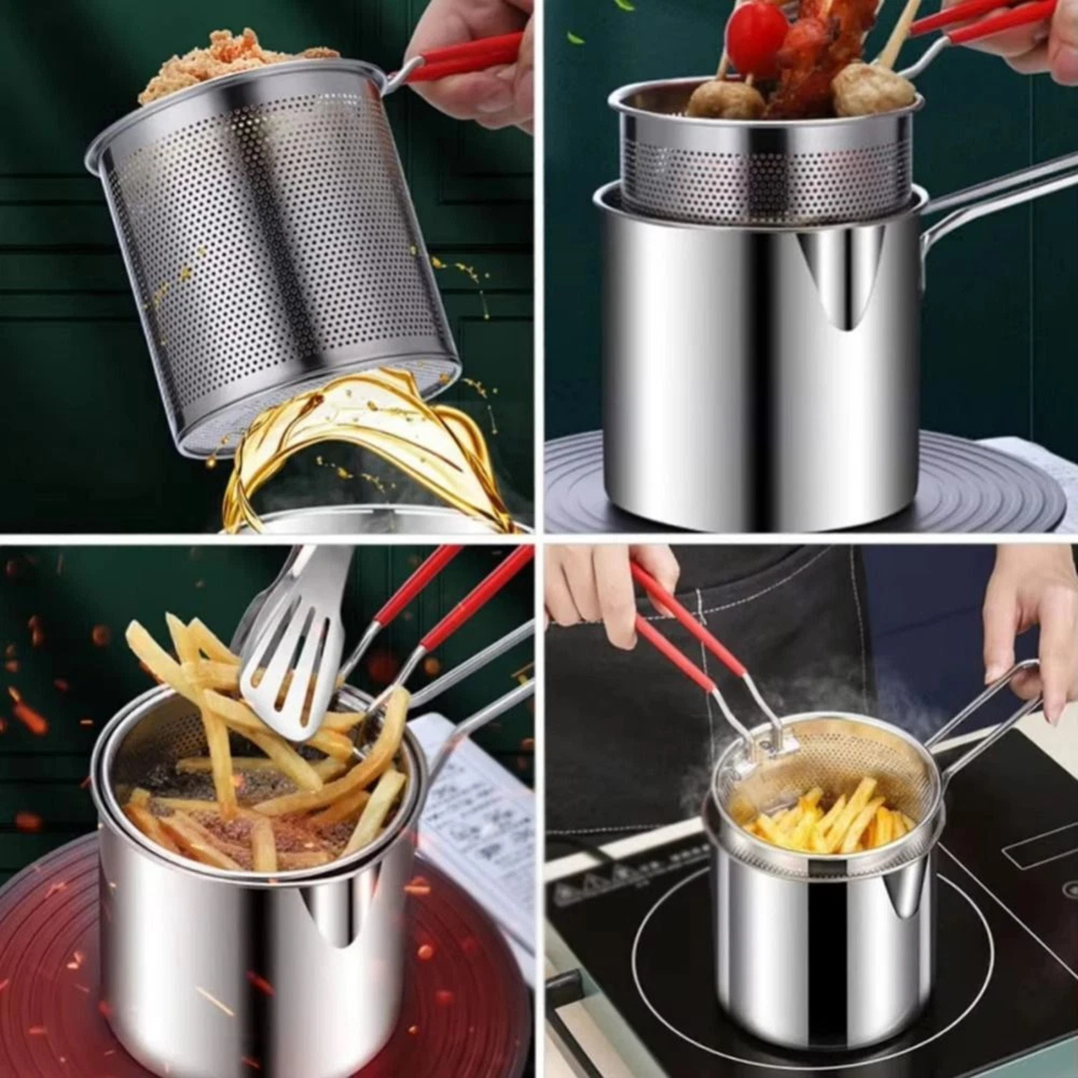 Stainless Steel Deep Fryer Pot Basket Lid Detachable Handle 12cm Set