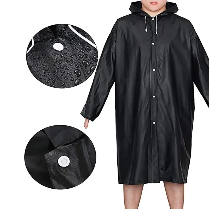 Mens Womens Long Hooded Raincoat Black Waterproof Jacket EVA Rainwear