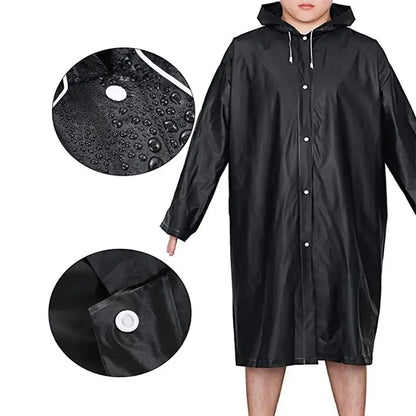 Mens Womens Long Hooded Raincoat Black Waterproof Jacket EVA Rainwear