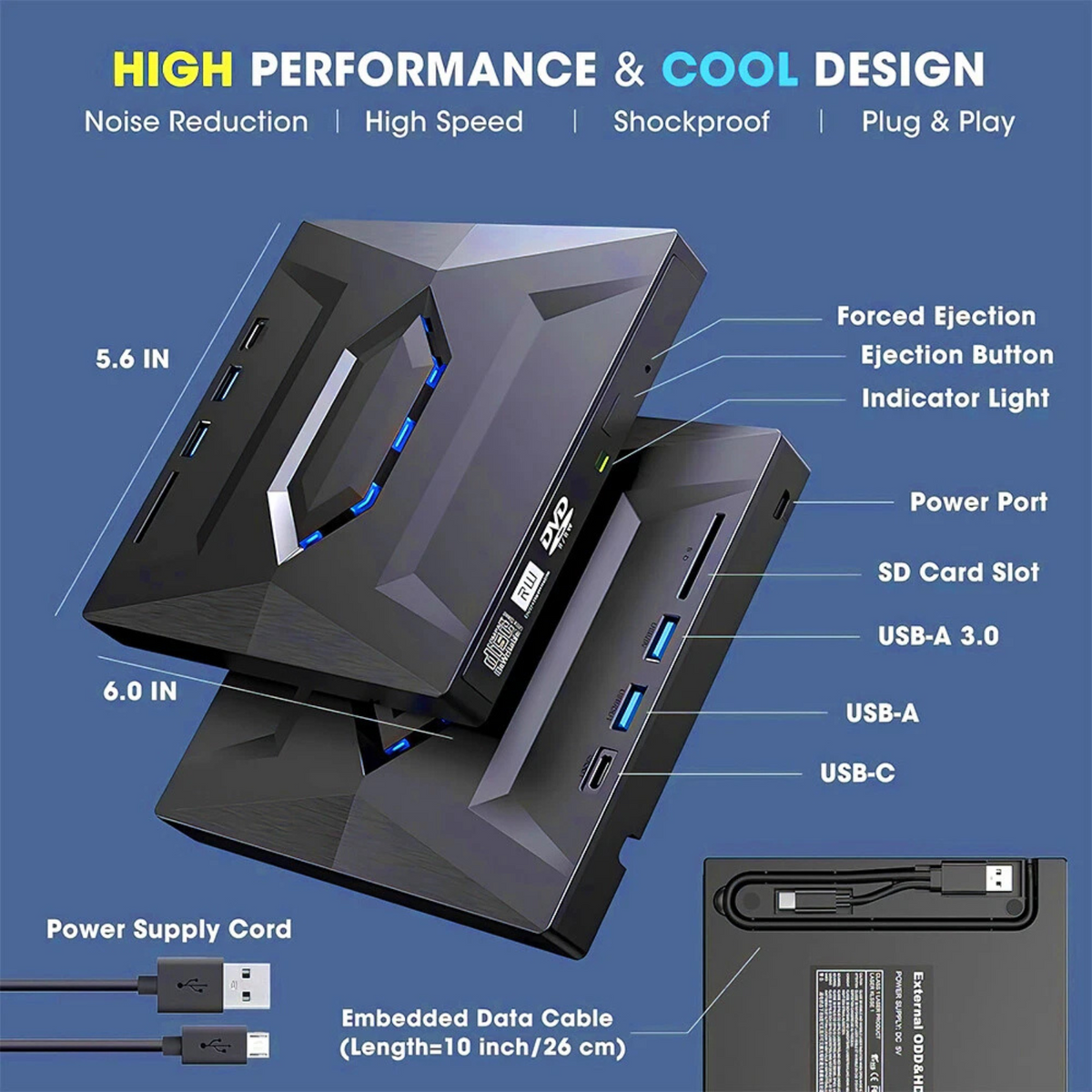 Portable CD/DVD +/-RW Burner DVD Player External CD DVD Drive for Laptop USB C