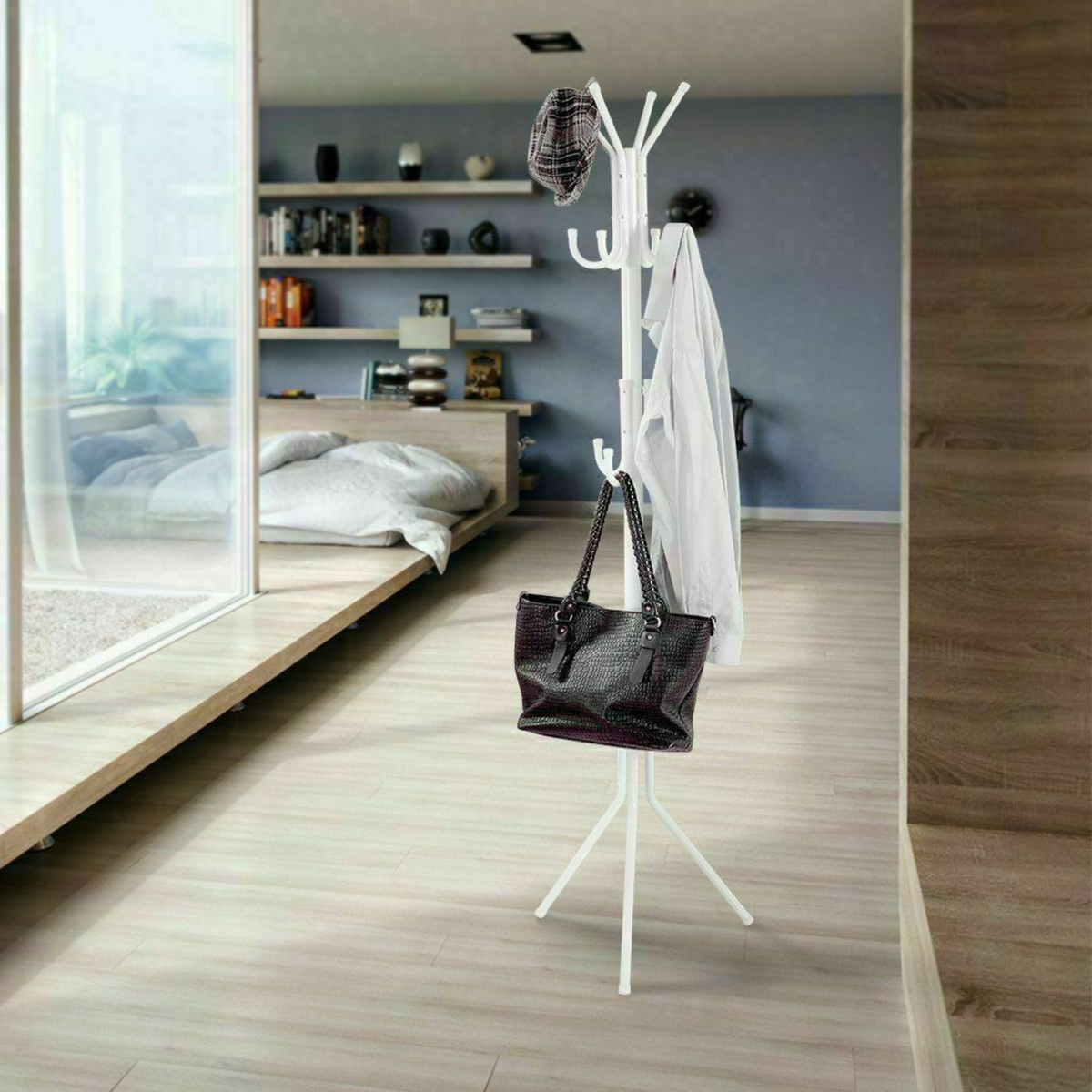White 3-Tier Hat Coat Hanger Tree Style Steel Stand 12 Hook Clothes Rack