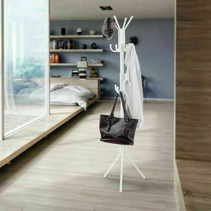 White 3-Tier Hat Coat Hanger Tree Style Steel Stand 12 Hook Clothes Rack