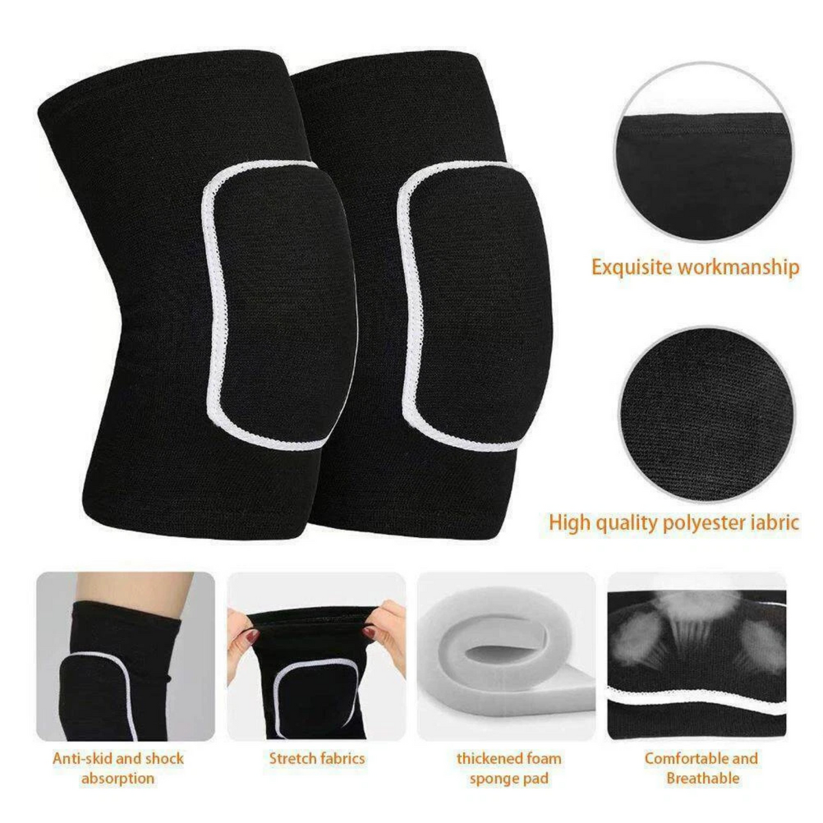 1 Pair Black Construction Knee Pads with Impact Protection Large