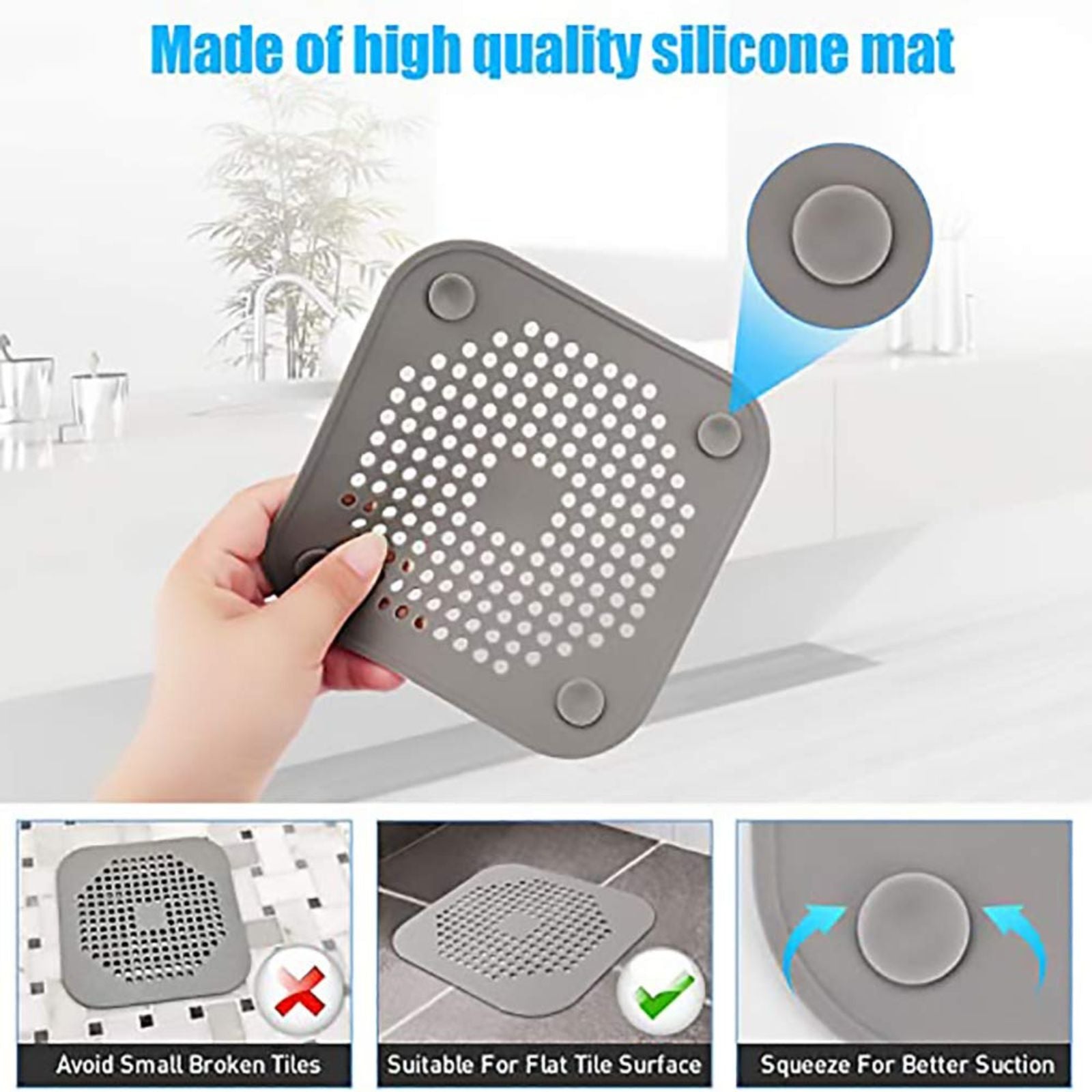 2x Gray Silicone Plug Flat Hair Catcher for Bath Square Drain Cover for Shower