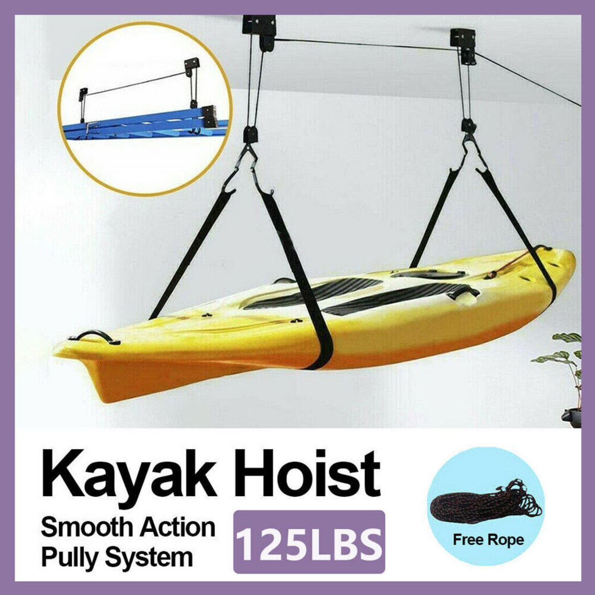 Garage Rack Storage Kayak Hoist Pulley System Bike Lift Ceiling 125LBS Capacity