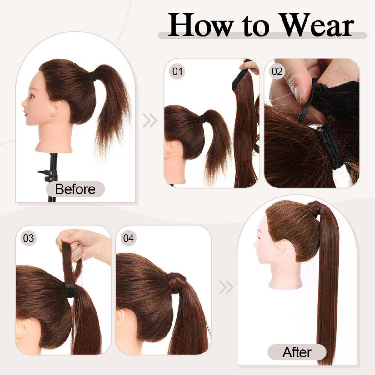 Human Natural Hair Extensions Pony Tail Hair Wrap Medium Brown