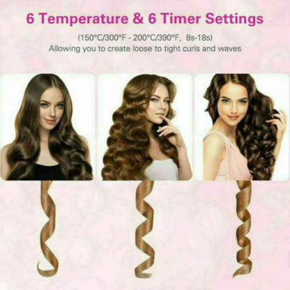 Pink Wireless Ceramic Hair Waver Curling Iron LCD Cordless Auto Rotating Curler