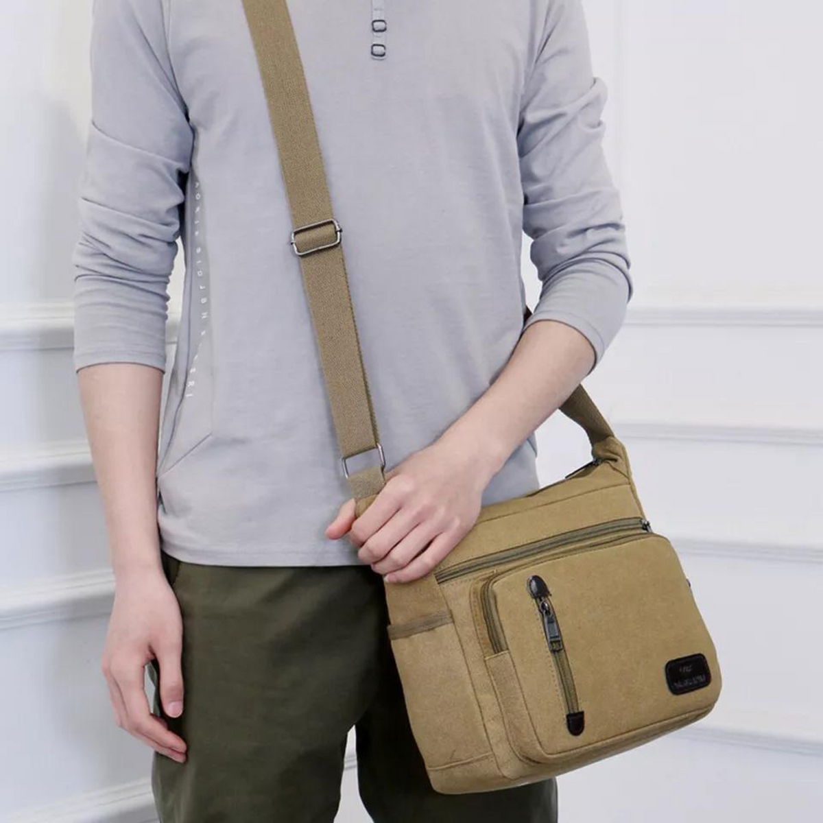 Khaki Travel Man's Bags Crossbody Satchel Retro Men's Canvas Shoulder Bag
