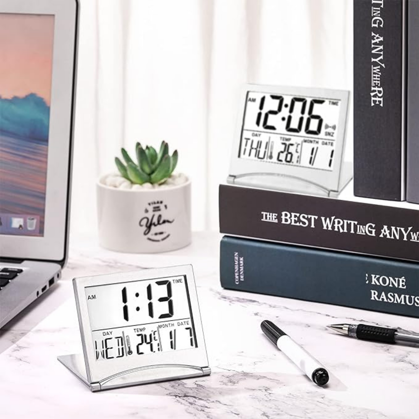 Silver Alarm Clock Desk Calendar Thermometer Timer Digital LCD Screen Travel