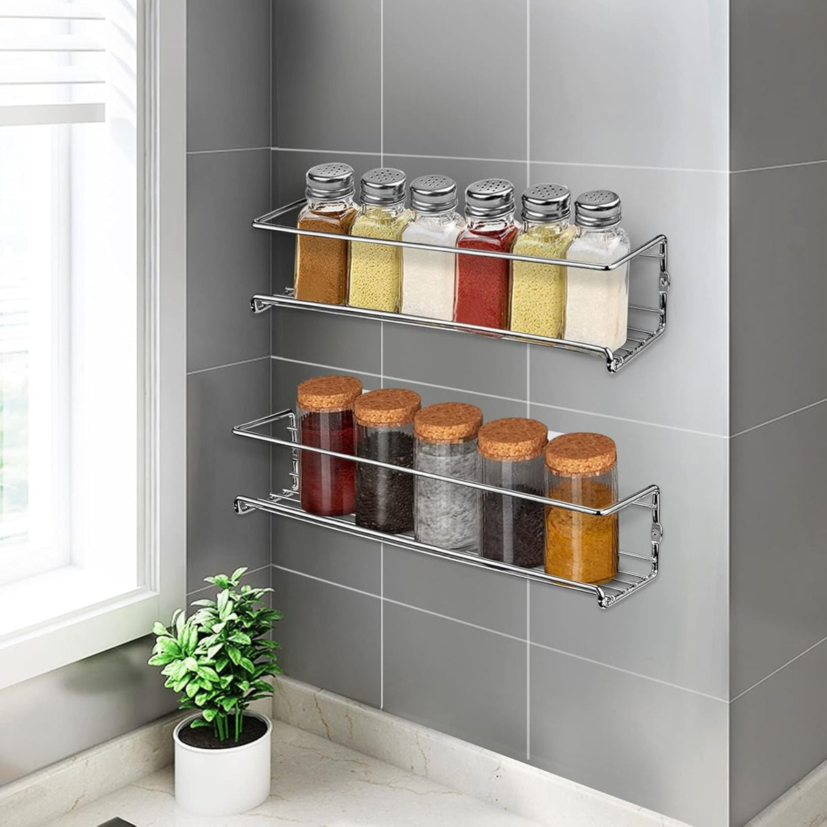 Wall Mounted 4pcs Spice Rack Adhesive For Inside Cupboard Spice Organizer Silver