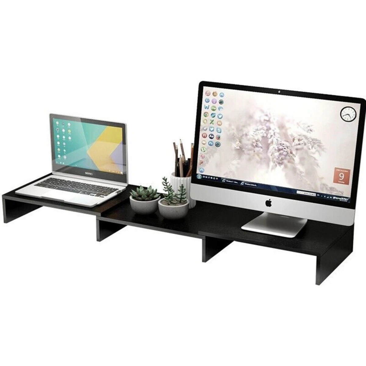 Stand Dual Monitor Riser Shelf Computer Black Ergonomic Desktop Organiser Black