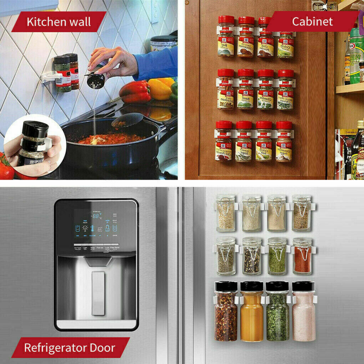 Storage Holder 4x Kitchen Spice Gripper Strip Jar Rack Organiser Wall Cabinet