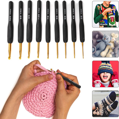 9x Aluminium Soft Grip Crochet Hooks with Ergonomic Sewing Handles