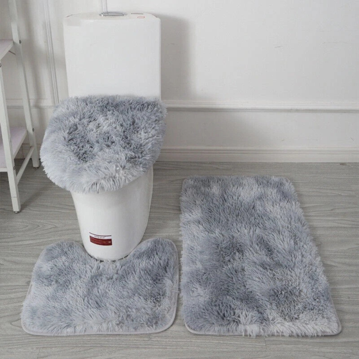 Grey Fluffy Bathroom Mat Set 3x Anti Slip Washable Floor Rugs