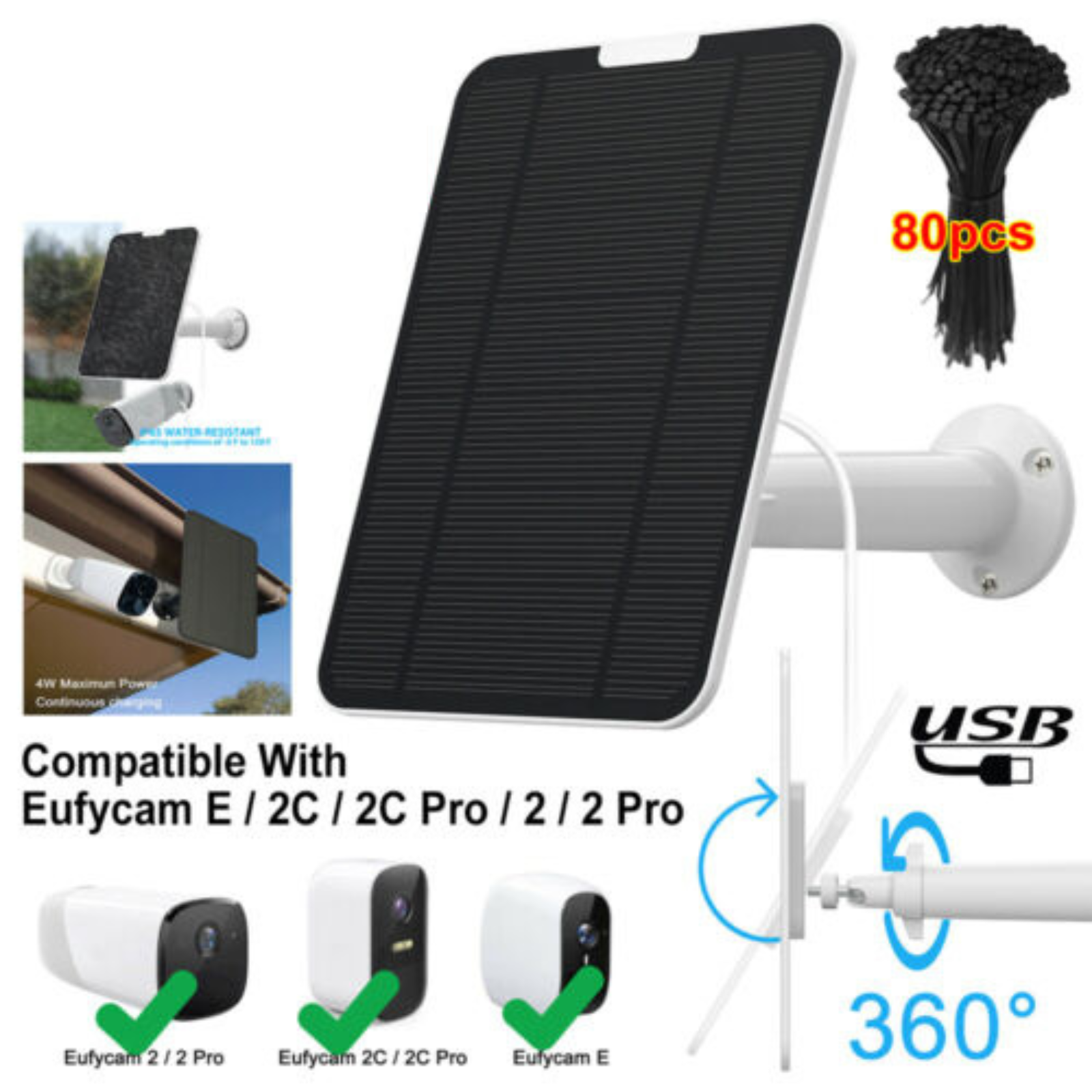 Eufy Cam E/2C/E/2 Pro Wall Mount 13ft Power Cable 4W Solar Panels