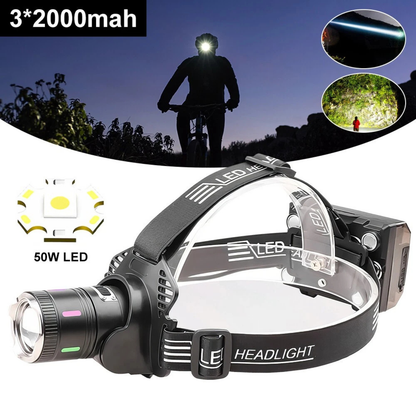 Rechargeable LED Headlamp USB-C Sensor Zoomable 50W Head Torch Light