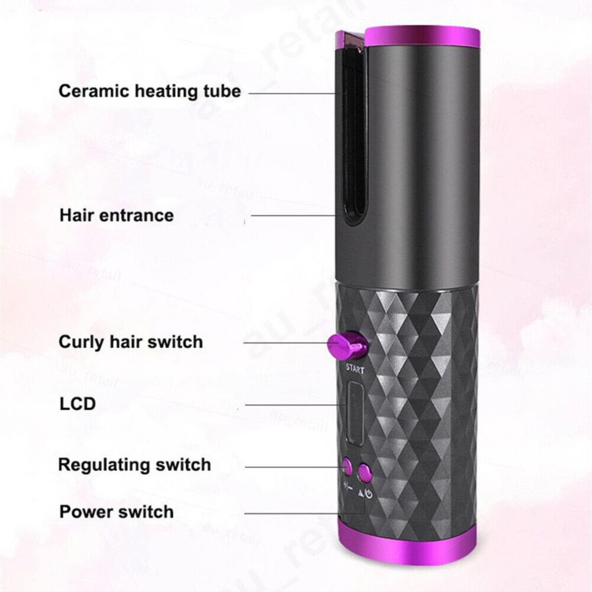 Grey Wireless Ceramic Hair Waver Curling Iron LCD Cordless Auto Rotating Curler