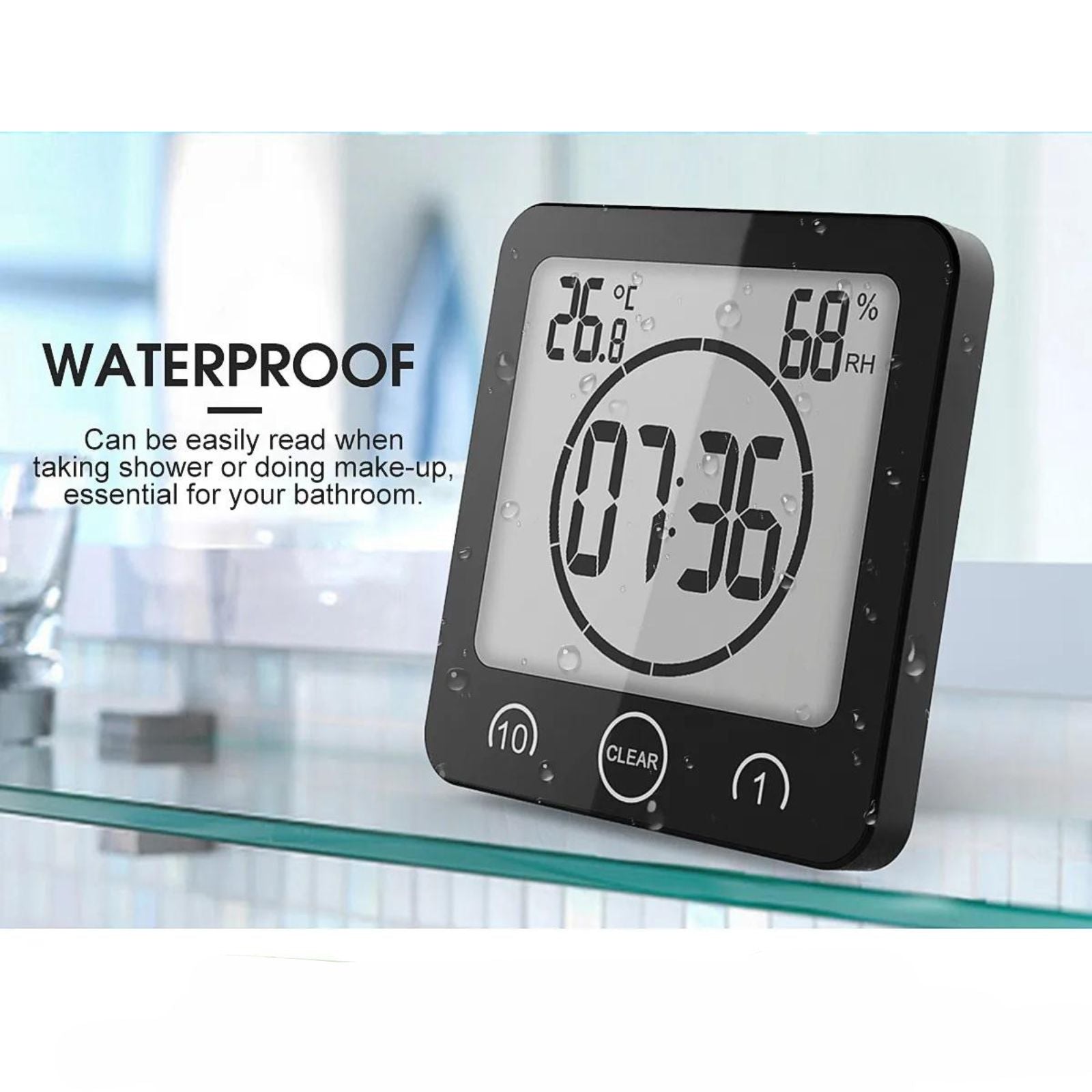 Shower Clock Timer Waterproof Digital Timer Temperature Meter Alarm Black